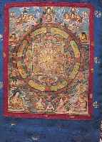 THANGKA, NEPAL/TIBET, UM 1900, FEINE GOUA- CHEMALEREI AUF SEIDE, REICHE BROKATUMRANDUNG, CA. 66 X 51 CM, LEICHT BERIEBEN