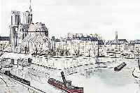 BUFFET, BERNARD, NOTRE DAME ET LA CITE, FARBRADIERUNG AUF ARCHES-BüTTEN, MAGUI FRANK- REICH 1985, HANDSIGNIERT, NUM. EA 17/25, CA. 60 X 43 CM