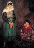 MüNCHNER MALEREI UM 1910, ZWEI ZIGEUNERINNEN, ÖL/LWD./PAPPE, ALTE WASSERSCHäDEN, UNSIGNIERT, 108 X 87 CM, RAHMEN