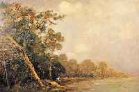 ZUSCHREIBUNG: TROUILLEBERT, PAUL DéSIRé, GEB. 1829 PARIS, GEST. 1900 IN PARIS, STIMMUNGSVOLLE SEEUFERLANDSCHAFT MIT ANGLER, ÖL/LWD, ...