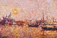 VON VARUTTI-KLEFENHAUSEN, MARCO WALTER, PROF.,GEB. 1917, ANSICHT VON VENEDIG IM ABENDLICHTÖL/HARTFASER, LI. U. SIGN., VERSO MIT ...