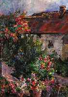 URSCHBACH, FRITZ, 1880 VENNINGEN/PFALZ- 1969 MüNCHEN, BLüHENDE TOPFPFLANZEN VOR DEM HAUS, öL/MALKARTON, RE. U. SIGN., CA. 50 X 39 CM, R.