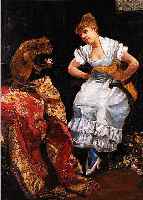 MOTREDORF, LUCIANO, 1876-1952 ROM, JUNGE FRAU UND AFFE, ÖL/HOLZ, RE. U. SIGN., CA. 40 X 31,5 CM, R.