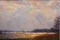 JOBLONSKI, MAX, 1879-1958, SONNENGLANZ, WEITE LANDSCHAFT AM SEE, ÖL/LWD, LI. U. SIGN., UND DAT. 1913, CA. 36 X 48 CM