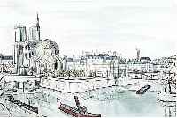 BUFFET, BERNARD, NOTRE DAME ET LA CITé, FARBRADIERUNG AUF ARCHES-BüTTEN, ED. MAGUI FRANKREICH 1985, HANDSIGN., NUM. EA 16/25, CA.60 X 43 CM