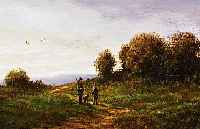 Wege, Dieter, Stuttgarter Maler, J„ger und Spazierg„nger in weiter Landschaft, ™l/Holz, li. u. sign., ca. 8 x 16,5 cm, R.