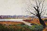 Engelfelt, E., dänischer Maler, um 1910, Flussauenlandschaft mit Blick auf eine Stadt, Öl/Lwd, re. u. sign., ca. 43 x 60 cm, R.