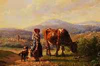 Zuschreibung: Margarethe van de Poll, 1872 Dordrecht-1966 Zeist, Bauernm„dchen mit Kuh und Hund vor weiter hgeliger Landschaft, ...