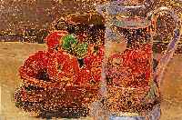Fleuron, woh.l franz. Maler, um 1900, Stilleben mit Obst, Wasserkrug und Schale, Öl/Mappen, Untergrund z.T. stehengelassen, ...