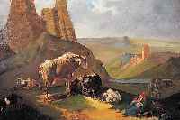 Hackensellner, C., Maler des 19. Jh., rastende Familie mit Vieh in bergiger Land- schaft mit Burgen und Fluß, Öl/Lwd, re. u. sign. und ...