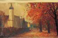 HODR, KAREL, GEB. 1910 PRAG, DORFANSICHT MITKIRCHE UND SPAZIERGäNGERN IM HERBST, ÖL/LWD, LI. U. SIGN., CA. 30 X 60 CM, R.