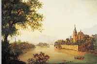 Dombeck, deutscher, um 1820-80, Öl/Lwd., weite Flußlandschaft vor Gebirge, im Vordergrund Fischer- u. Ruderboote mit Perso- ...