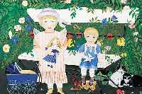 Kluth, Erika, * 1920 Berlin, bekannte naive Künstlerin, beteiligte sich an zahlreichen Ausst., hier: Gartenidylle, Geschwisterpaar mit ...