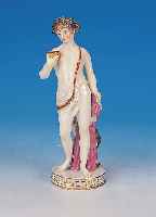 Porzellanfigur, Meissen, um 1870, 2. Wahl, Bacchusfigur mit kleinem Faun, bunt bemalt, H. ca. 19,5 cm, leicht rest.