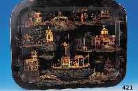 Tablett, Russland, um 1860, Metall mit Schwarzlack, bunt bemalt mit Personen und Pagoden, ca. 61 x 48 cm, eine Ecke verbeult, ...