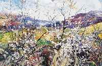 Szpinger, Aexander von, geb. 1889, Blühende Büsche vor weiter Landschaft, Öl/ Papier, re. u. sign., ca. 33 x 45 cm, PP, u.Gl., R.