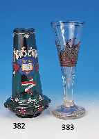 Pokal, wohl Steinschönau, um 1910, farbloses Glas, bemalt, z.T. Schwarzlotmalereifacettierter Fuß, Höhe: 32,5 cm