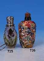Parfumflakon, Frankreich/Italien, um 1930-40, flache Form, 6-fach facettiert, schwarz- violettes Glas mit eingeschmolzenen bunten ...