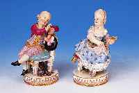 Paar Skulpturen, Meissen, um 1880/90 , Porzellan, Kavalier und Dame, z.T. leicht restauriert, bemalt, min. best., H. ca. 14cm