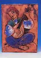 Drei Wandbilder, Karlsruher Majolika, Entwurf 30er Jahre, versch. Musikantendarstellungen,teils bunt glasiert, je ca. 41 x 31 cm