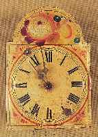 Wanduhr, wohl Karlstein, um 1880, floral bemaltes Bogenzifferblatt (Befestigung sek.), Holzplatinenwerk, orig. Türen, Stunden-schlag auf ...