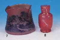 Vase, sign. Michel, 20er Jahre, rosa-orange-farben verlaufendes Glas mit blauer Email- malerei von Landschaft am See, vierfach ge- kniffen, ...