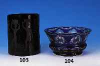 Schale, Fachschule Haida, um 1910-20, Uranglas mit blauem šberfang, geschnitten und geschliffen, H. ca. 10 cm, D. ca. 21 cm