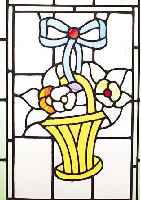 BLEIGLASSCHEIBE, UM 1900/20, BUNTES GLAS, BLUMENKORBMOTIV, L. ALTERSSPUREN 60 X 42 CM
