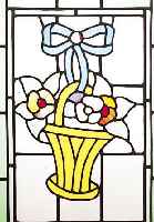 BLEIGLASSCHEIBE, UM 1900/20, BUNTES GLAS, BLUMENKORBMOTIV, L. ALTERSSPUREN 60 X 42 CM