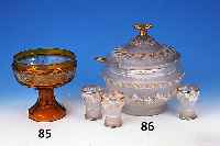 Bowlegef„ss mit sechs Bechern und Kelle, deutsch, um 1850-60, farbloses mattiertes Glas, geschliffen, Goldstaffage berieben, H. ca. 27 ...