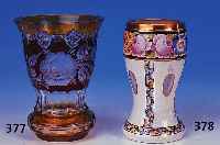 Pokalglas, Böhmen, um 1920, farbloses Glas, mit Emailbemalung, Goldstaf- fage, H. 13 cm