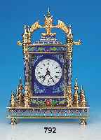 Tischuhr, China, neuzeitlich, Messinggehäusemit vier Vollsäulen, in Cloisonné-Technik emailliert, nachtr. eingebautes Weckerwerk, Weckwerk ...