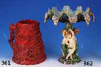 Großer Krug, Bodenbach, um 1890, Steingut, rot staffiert, plastische Darstellung von Weinlaub, Wichtelfiguren mit Weinfässern u. -gläsern ...