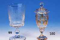 Deckelpokalglas, Böhmen, um 1890, farbloses Glas, partiell gelb gebeizt u. facettiert, in kleinen Kartuschen Wilddarstellungen, gra- viert, H. ...