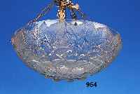 gr. Deckenlampe, Rene Lalique, um 1932/34, sign., farbloses Glas, Blattdekor, alte Elek- trifiz. nicht geprüft, D. ca. 34,5 cm, l. Alterssp.