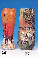 Vase, Frankreich, wohl Legras, 20er Jahre, farbl. Glas orangerot gespritzt, bunte Email- malerei einer Winterlandschaft, H. ca. 27,5 cm