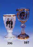 Pokalglas, Lobmaier, Wien, um 1890, farb- loses Glas, bemalt, in Kartusche: stillende Frau und heimkehrender J„ger, Beute ber dem Stock, ...