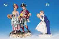 Porzellanfigur, Wessel/Frankenthal, 1952/58, Dame mit Blütenkorb u. Sträußchen mit du- delsackspielendem Kavalier, bunte Bemalung, ...