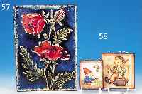 Zwei Fliesenbilder, Karlsruher Majolika, 60/ 70er J., bunte florale Bemalung, 1 x relie- fiert, Maße 34 x 24,5 cm, l. Alterssp.