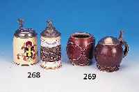 ZWEI BIERKRüGE, MERKELBACH, UM 1910, STEINZEUG, BRAUN GLASIERT, 1 X ENTWURF WYNAND,EINER MIT ZINNDECKEL, H. CA. 11/12 CM 1 X ENTWURF ...