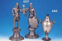 Paar große Zinnleuchter, Sachsen, um 1820/30, mit Widmung, Reichenbach, in Form eines Bergmannes in Festuniform, min. rest., Wappen-schild, H. ...