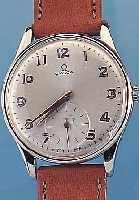 OMEGA HERRENARMBANDUHR, REF.-NR. 2505-4, SCHWEIZ UM 1954, EDELST., BODEN UND GLASRAND AUFGEDR., BLATT REST., KL. SEK. ...