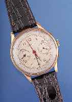 GOMAY Herrenarmbanduhr Chronograph, Ref.-Nr.5283, Schweiz um 1950, GG 750/000, Boden u. Glasr. gedr., Metallcuv. zur Armier., Orig.- Blatt ...