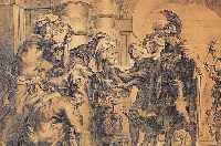 Kupferstich nach P.P.Rubens, 18. Jh. , alttestamentarische Szene, stark gebräunt, wasserfleckig, unten und rechts gerissen, ca. 43 x ...