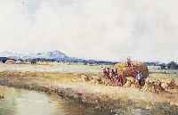 Hohenberger, J. deutscher, Maler des 20.Jh., Heuernte im Dachauer Moor, Öl/Lwd, re. u. sign., ca. 20 x 50 cm, R.