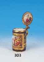 Miniaturkrug, Dresden, um 1900, Porzellan, kobaltblauer Fond, sehr feine Be- malung, im Deckel eingelegte Porzellanplatte, diese außen ...