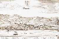 Konvolut v. 2 Blatt Bregenz, 1.) KupferstichM. Merian, ca. 1650, GA Bregenz, 20.5 x 37 cm,tadeloses Exemplar; 2.) wie bei 1., jedoch v. Bodenehr, ...