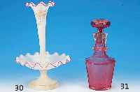 KARAFFE, UM 1860, WOHL BACCARAT, FARBLOSES GLAS, RUBINIERT, 8-FACH FACETTIERT, MEHRFACH L. BEST., STöPSEL SEK., H. CA. 28 CM