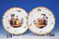 Teller, Meissen, um 1870/80, Porzellan galante Szene im Park, Rand mit Insekten und Blumen verziert, Goldstaffage, D. ca. 22.5 cm