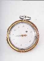 Spindelherrentaschenuhr, Schweiz um 1830, verg. Messingübergeh. m. Hornbesch., Nutzsp. (feinhaarr.), Innengeh. Silber, perf. Email- bl. ...